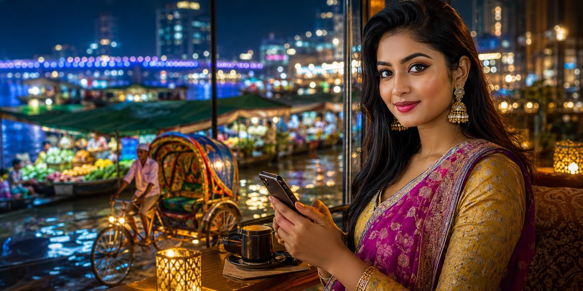 ঢাকার রঙিন রিকশার পটভূমিতে স্মার্টফোনে ac9999 স্লট গেম খেলছেন একজন তরুণ
